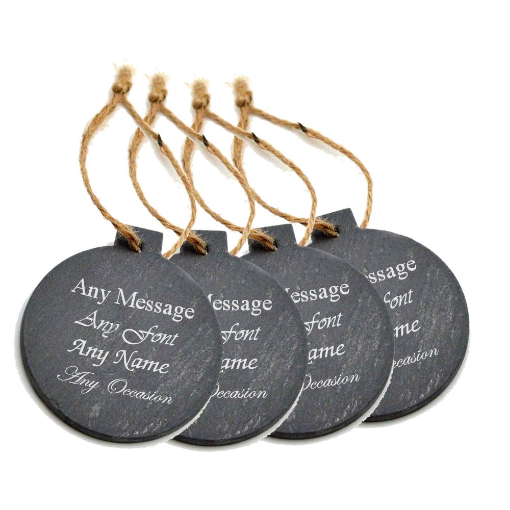 Personalised Engraved Christmas Tree Hanging Slate Decoration – Bauble Design – Set of 4