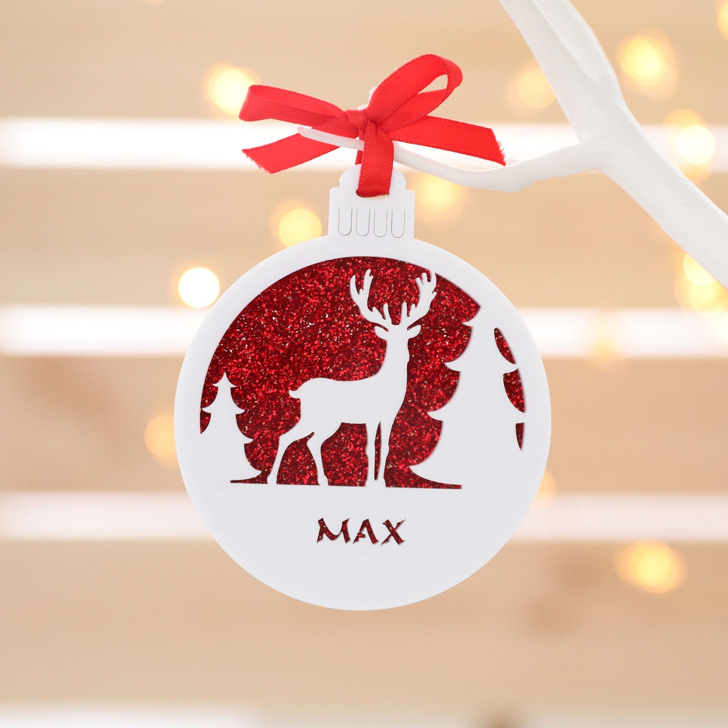 Personalised Custom White Rudolph Reindeer Christmas Tree Bauble Festive Decoration Ornament Decorations Personalise Name Xmas .o. - DirectlyPersonalised