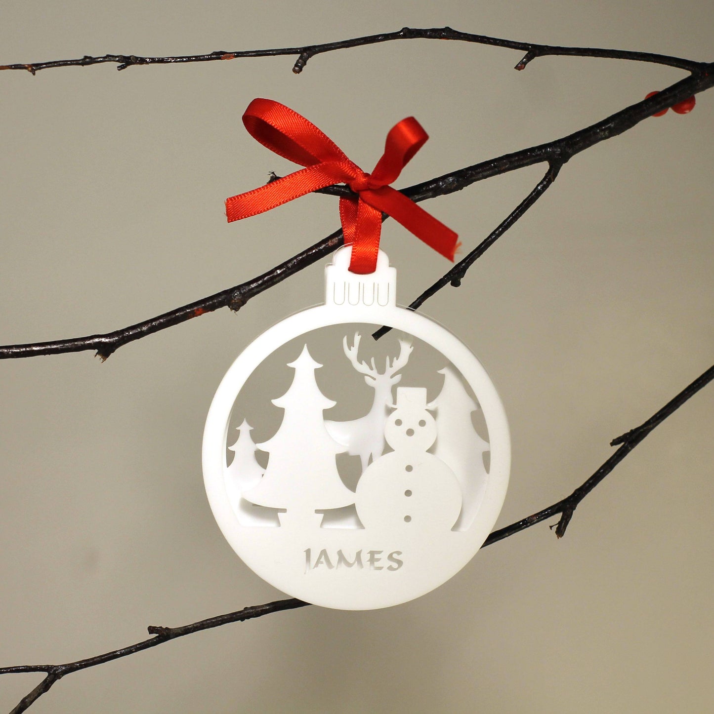 Personalised Custom 3D White Rudolph Reindeer and Snowman Scene Christmas Tree Bauble Festive Decoration Ornament Best Personalise Name Xmas - DirectlyPersonalised