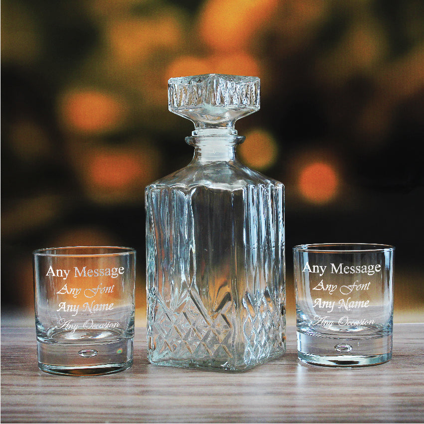 Set of 2 11.5oz Engraved Bubble Whisky glasses and Prism Decanter