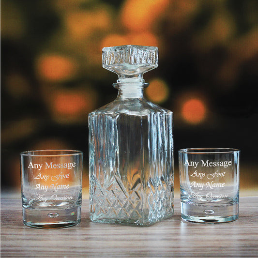 Set of 2 11.5oz Engraved Bubble Whisky glasses and Prism Decanter