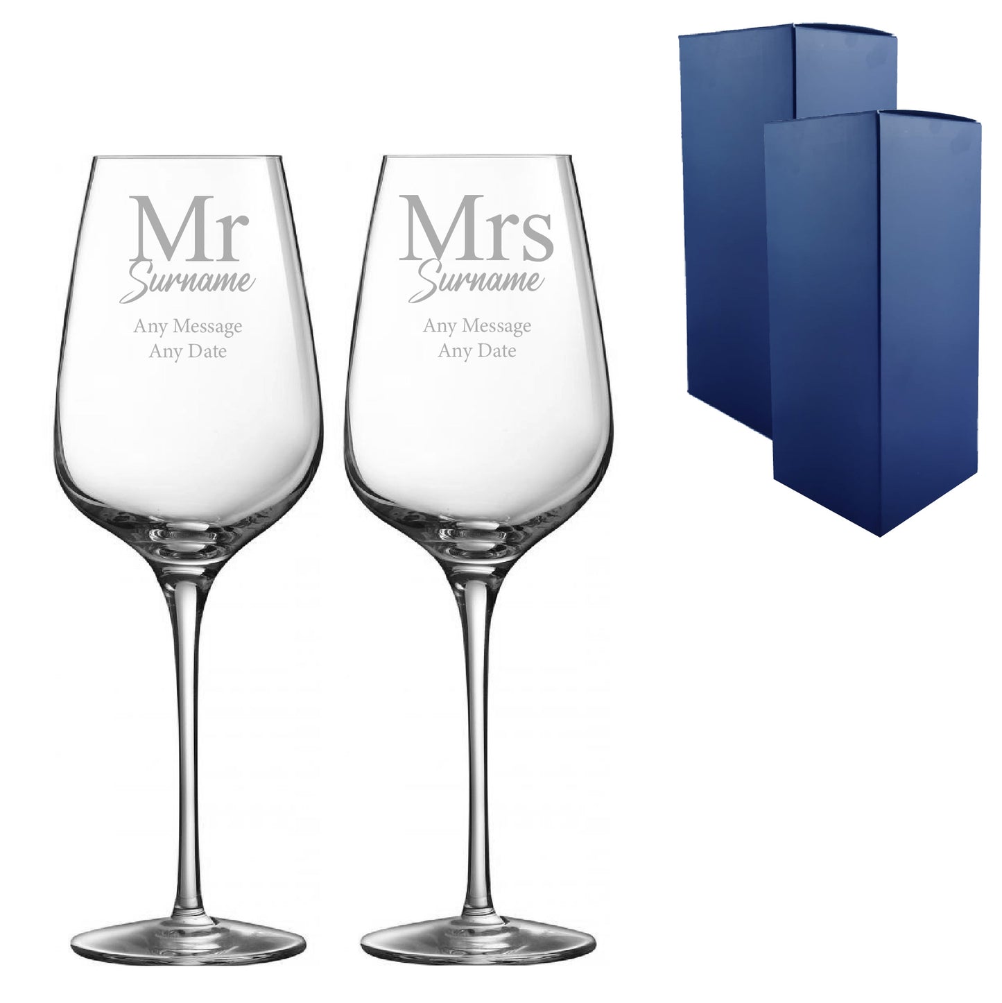 Engraved Mr and Mrs Sublime Wine Glasses, 15.8oz/450ml, Classic Font