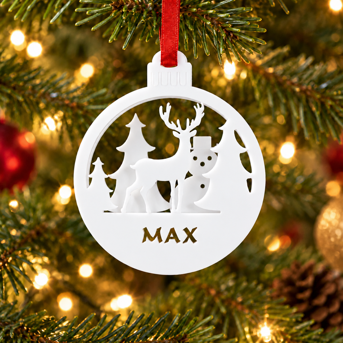 3D White Rudolph Reindeer and Snowman Bauble Christmas Decoration-Personalised with Name