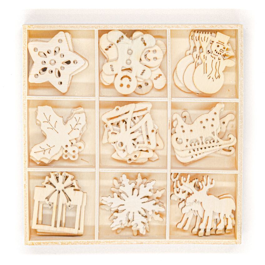 Wooden Shapes XMAS Box of 45 - Wooden Cut Outs For Christmas Tree Decorations