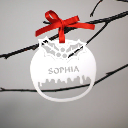 Personalised Custom White Christmas Pudding Christmas Tree Bauble Festive Decoration Ornament Decorations Best Personalise Name Xmas .n. - DirectlyPersonalised
