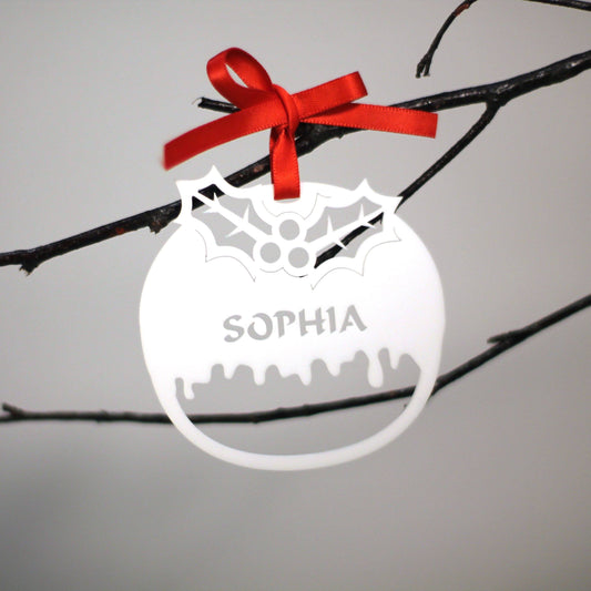Personalised Custom White Christmas Pudding Christmas Tree Bauble Festive Decoration Ornament Decorations Best Personalise Name Xmas .n. - DirectlyPersonalised