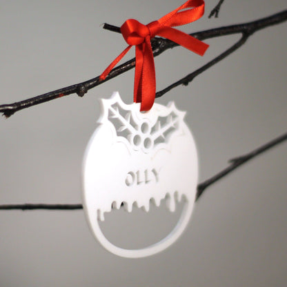 Personalised Custom White Christmas Pudding Christmas Tree Bauble Festive Decoration Ornament Decorations Best Personalise Name Xmas .n. - DirectlyPersonalised