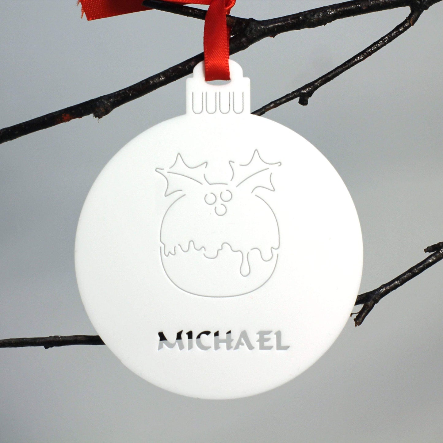 Personalised Custom White Christmas Pudding Christmas Tree Bauble Festive Decoration Ornament Decorations Best Personalise Name Xmas .o. - DirectlyPersonalised