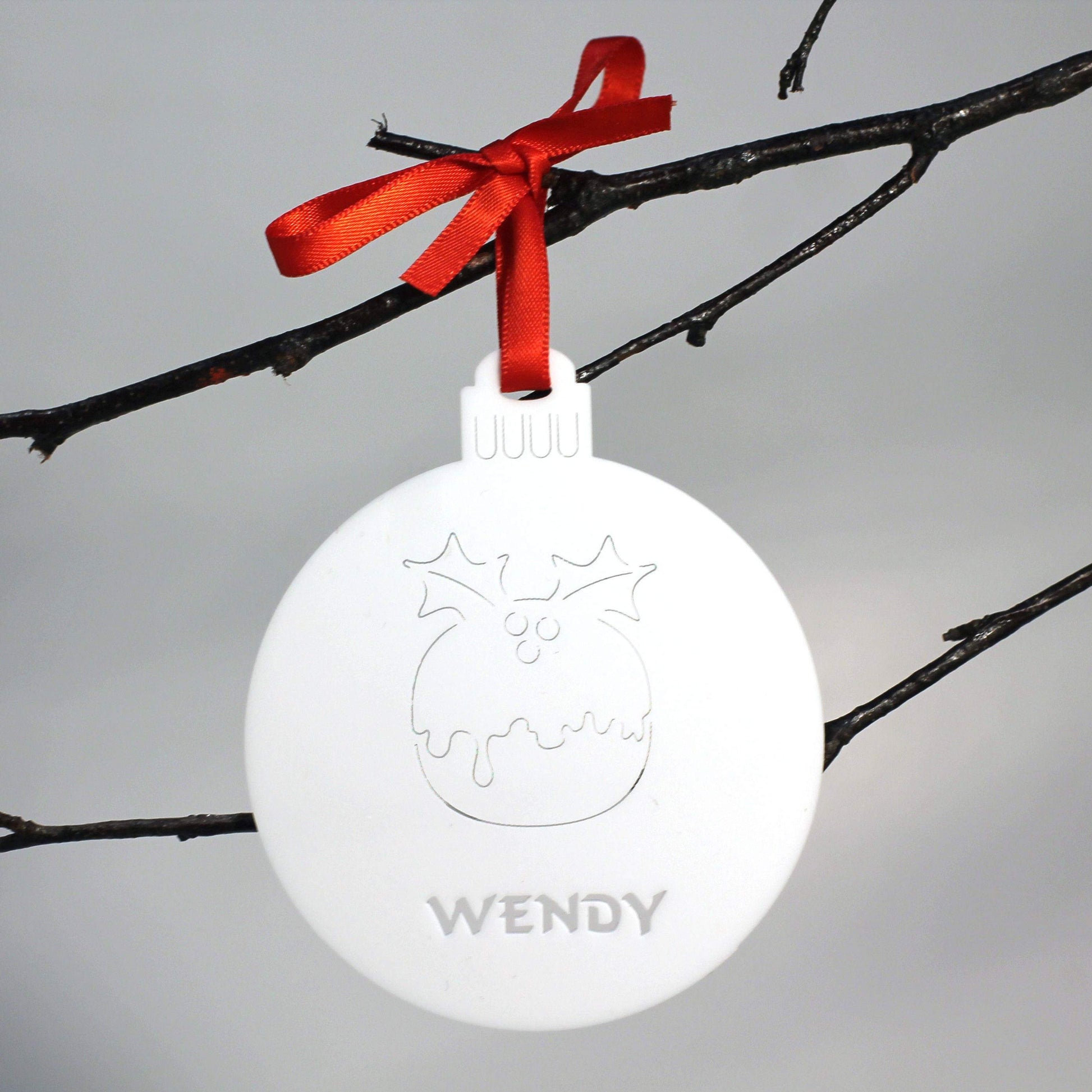 Personalised Custom White Christmas Pudding Christmas Tree Bauble Festive Decoration Ornament Decorations Best Personalise Name Xmas .o. - DirectlyPersonalised