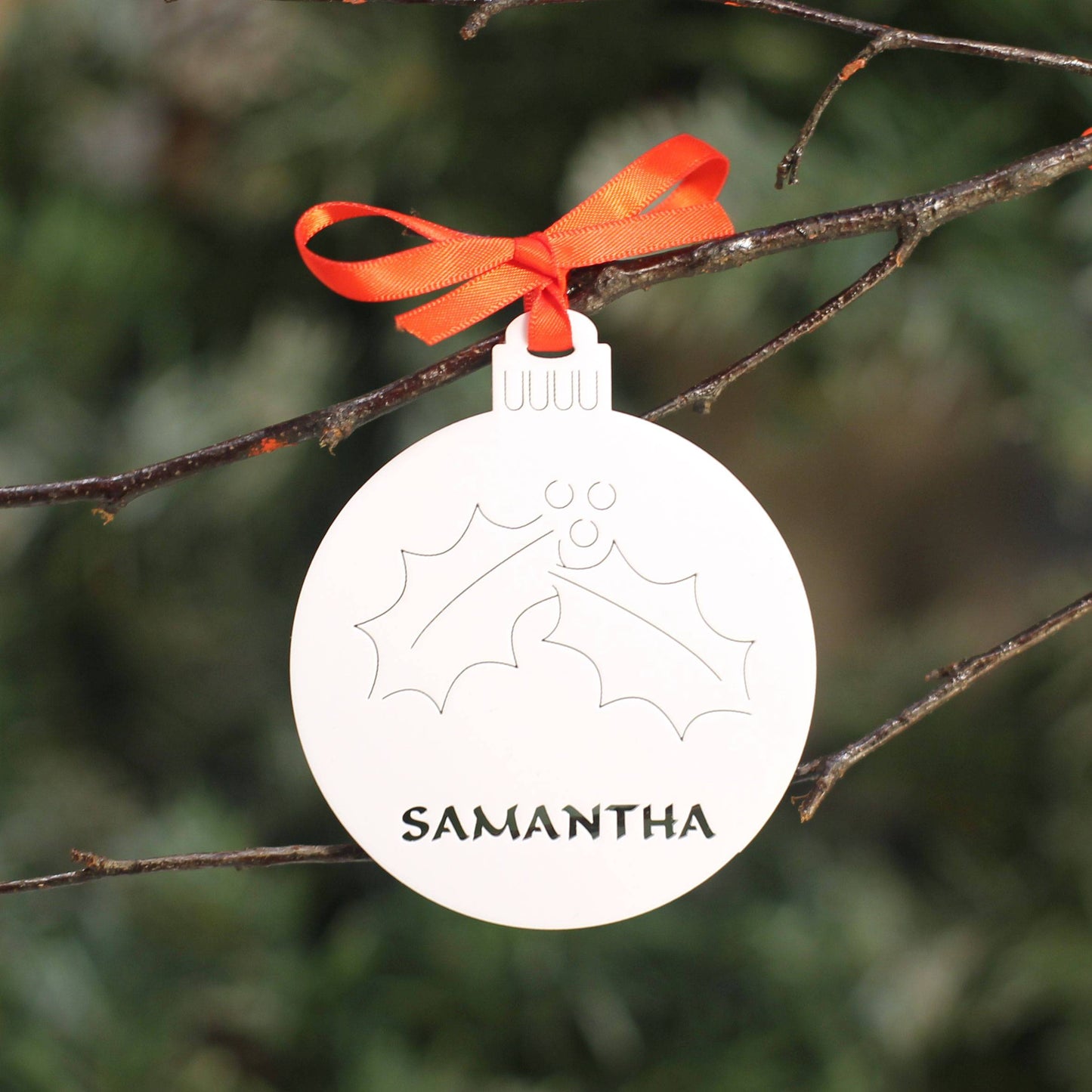 Personalised Custom White Christmas Tree Holly Bauble Festive Decoration Ornament Decorations Best Personalise Name Handmade Xmas .o. - DirectlyPersonalised