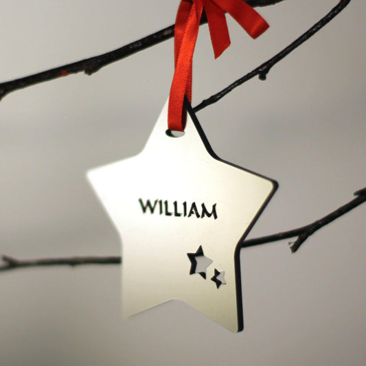 Personalised Custom Silver Christmas Tree Star Bauble Festive Decoration Ornament Decorations Best Balls Personalise Name Xmas .o. - DirectlyPersonalised