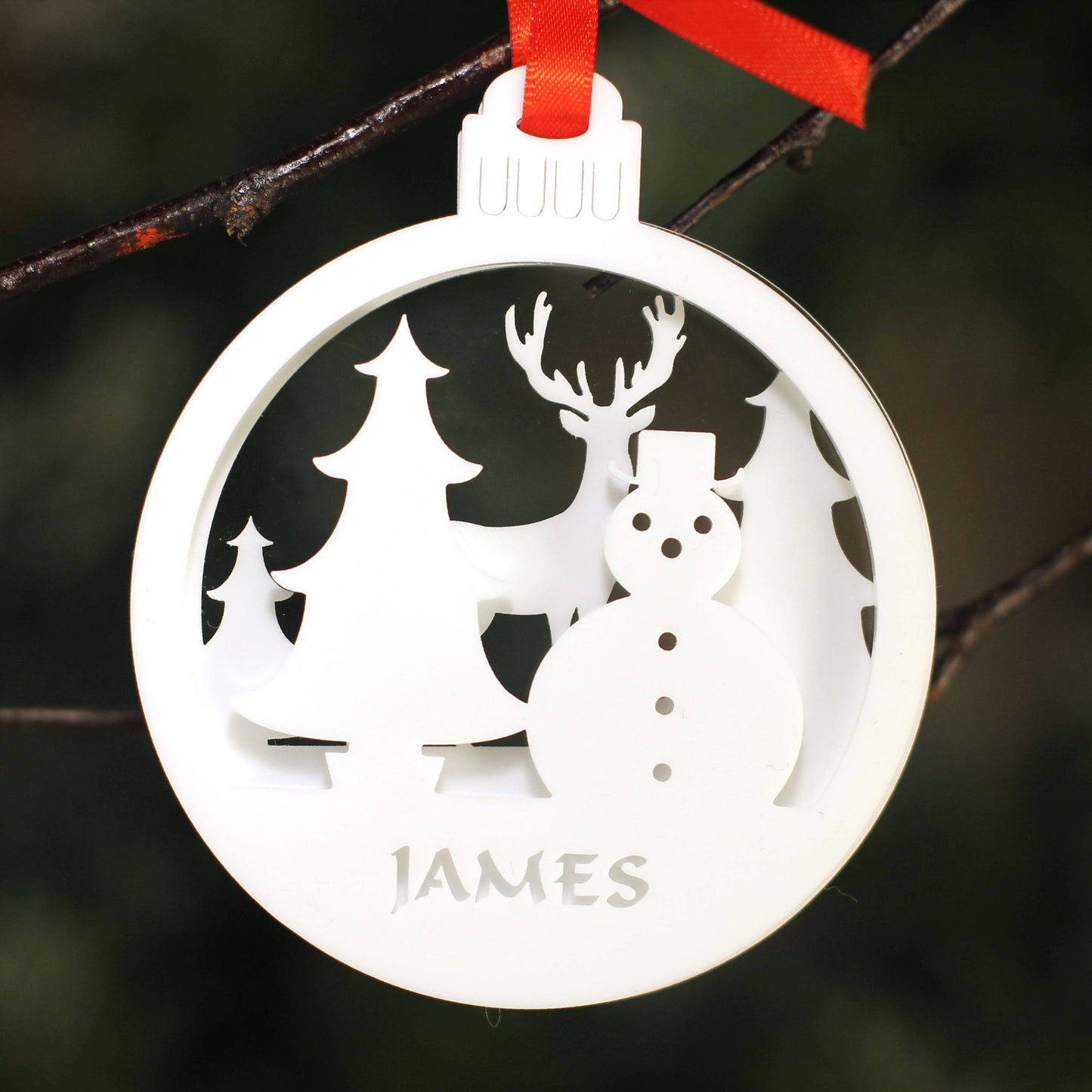 Personalised Custom 3D White Rudolph Reindeer and Snowman Scene Christmas Tree Bauble Festive Decoration Ornament Best Personalise Name Xmas - DirectlyPersonalised