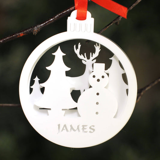 Personalised Custom 3D White Rudolph Reindeer and Snowman Scene Christmas Tree Bauble Festive Decoration Ornament Best Personalise Name Xmas - DirectlyPersonalised