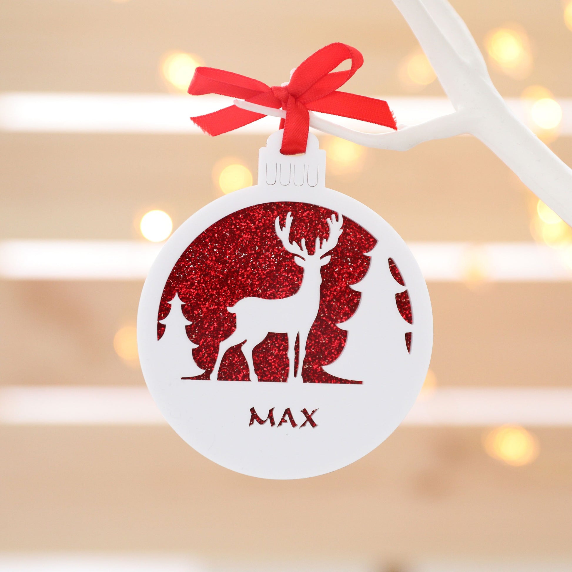 Personalised Custom White Rudolph Reindeer Christmas Tree Bauble Festive Decoration Ornament Decorations Personalise Name Xmas .o. - DirectlyPersonalised
