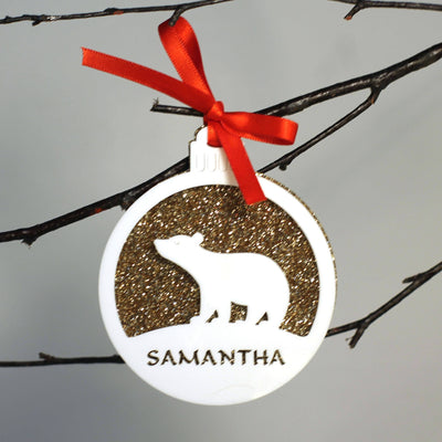 Personalised Custom White Polar Bear Christmas Tree Bauble Festive Decoration Ornament Decorations Best Personalise Name Cute Handmade Xmas - DirectlyPersonalised