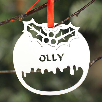 Personalised Custom White Christmas Pudding Christmas Tree Bauble Festive Decoration Ornament Decorations Best Personalise Name Xmas .n. - DirectlyPersonalised