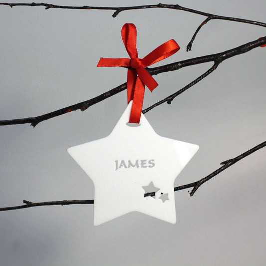 Personalised Custom White Christmas Tree Star Bauble Festive Decoration Ornament Decorations Best Balls Personalise Name Xmas .o. - DirectlyPersonalised