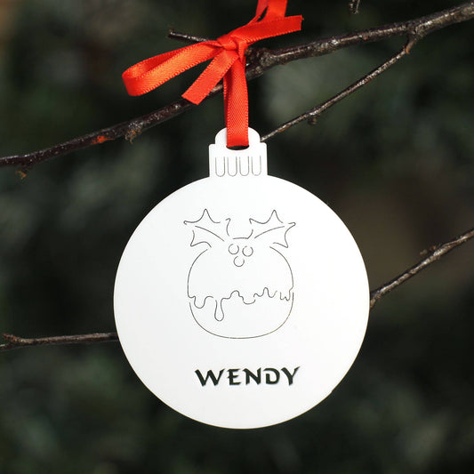 Personalised Custom White Christmas Pudding Christmas Tree Bauble Festive Decoration Ornament Decorations Best Personalise Name Xmas .o. - DirectlyPersonalised