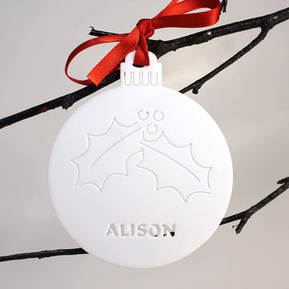 Personalised Custom White Christmas Tree Holly Bauble Festive Decoration Ornament Decorations Best Personalise Name Handmade Xmas .o. - DirectlyPersonalised