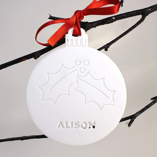 Personalised Custom White Christmas Tree Holly Bauble Festive Decoration Ornament Decorations Best Personalise Name Handmade Xmas .o. - DirectlyPersonalised