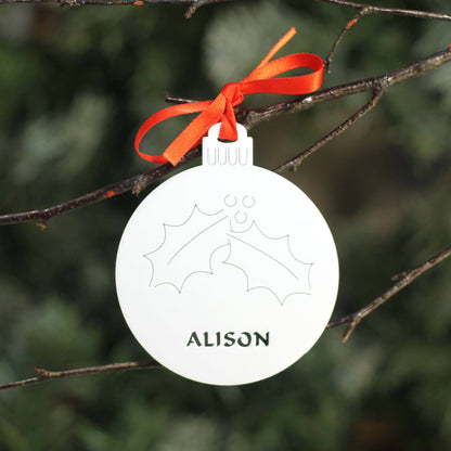 Personalised Custom White Christmas Tree Holly Bauble Festive Decoration Ornament Decorations Best Personalise Name Handmade Xmas .o. - DirectlyPersonalised
