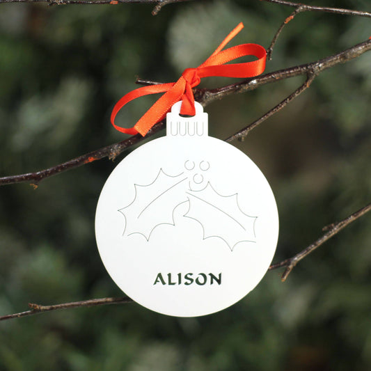 Personalised Custom White Christmas Tree Holly Bauble Festive Decoration Ornament Decorations Best Personalise Name Handmade Xmas .o. - DirectlyPersonalised