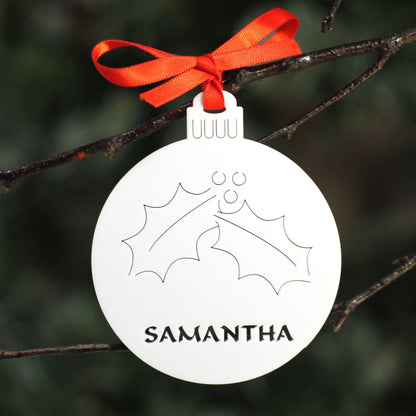 Personalised Custom White Christmas Tree Holly Bauble Festive Decoration Ornament Decorations Best Personalise Name Handmade Xmas .o. - DirectlyPersonalised