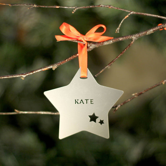 Personalised Custom Silver Christmas Tree Star Bauble Festive Decoration Ornament Decorations Best Balls Personalise Name Xmas .o. - DirectlyPersonalised