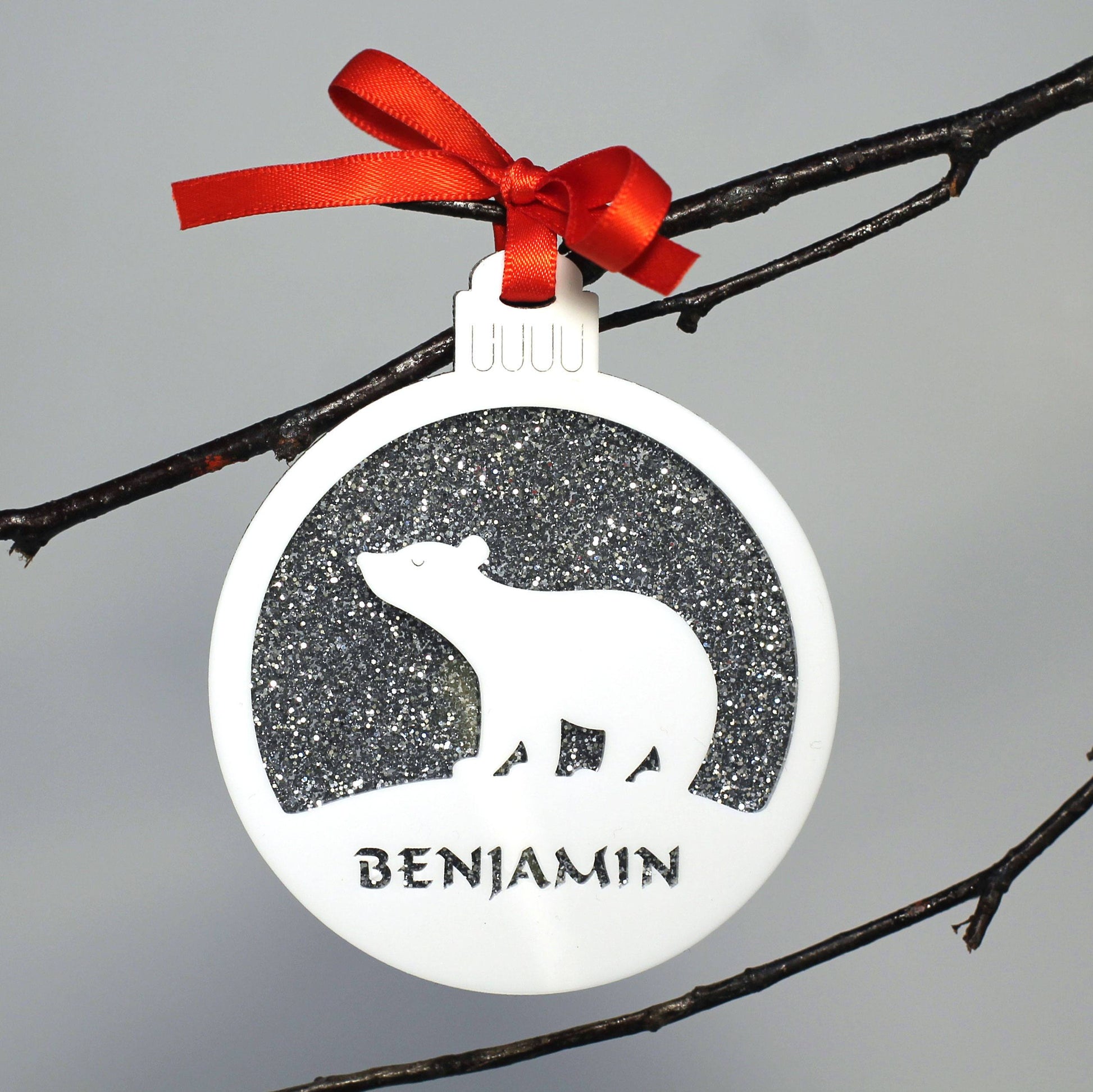 Personalised Custom White Polar Bear Christmas Tree Bauble Festive Decoration Ornament Decorations Best Personalise Name Cute Handmade Xmas - DirectlyPersonalised