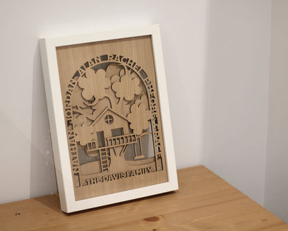 Personalised 3D Family Tree Treehouse in Oak Wood with White Frame – Fast UK Delivery - DirectlyPersonalised