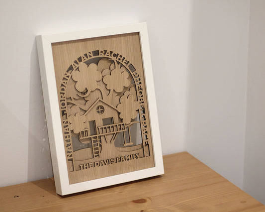 Personalised 3D Family Tree Treehouse in Oak Wood with White Frame – Fast UK Delivery - DirectlyPersonalised