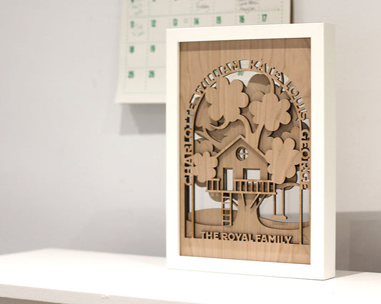 Personalised 3D Family Tree Treehouse in Oak Wood with White Frame – Fast UK Delivery - DirectlyPersonalised